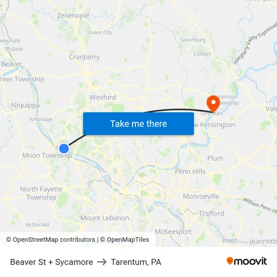 Beaver St + Sycamore to Tarentum, PA map