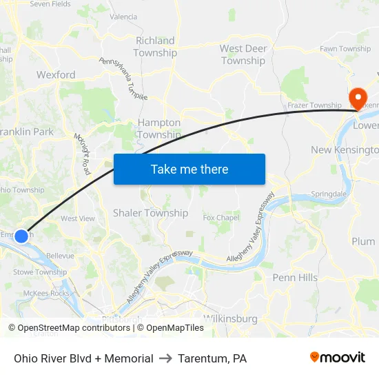 Ohio River Blvd + Memorial to Tarentum, PA map