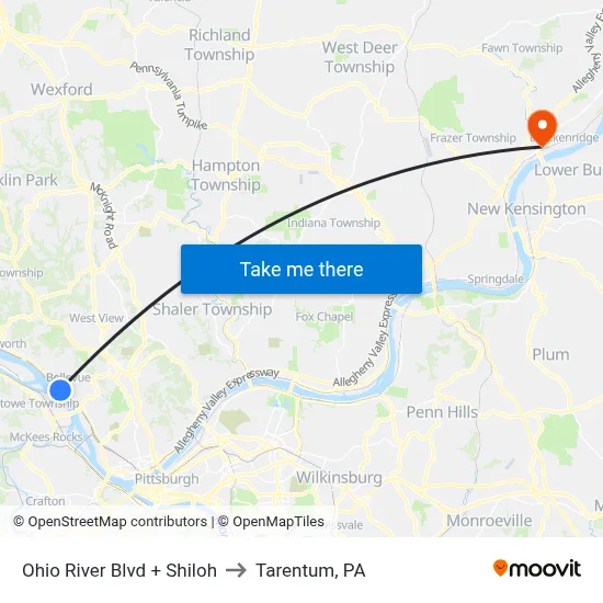 Ohio River Blvd + Shiloh to Tarentum, PA map