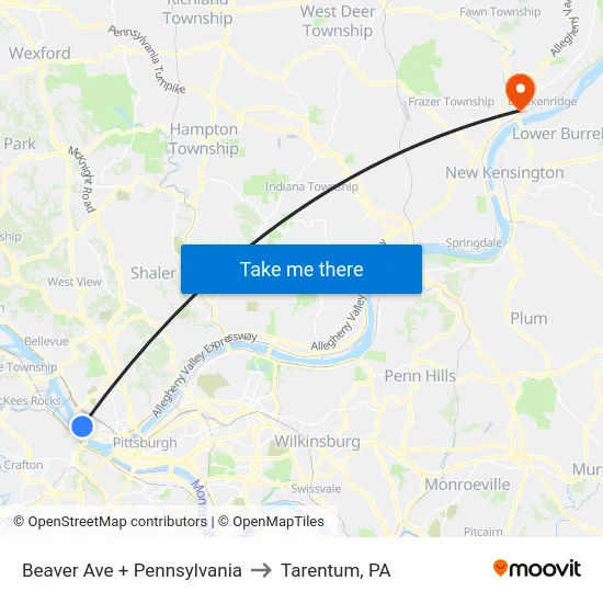Beaver Ave + Pennsylvania to Tarentum, PA map