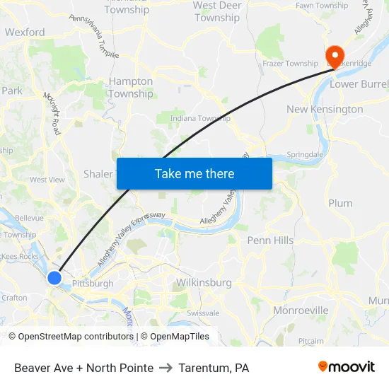 Beaver Ave + North Pointe to Tarentum, PA map