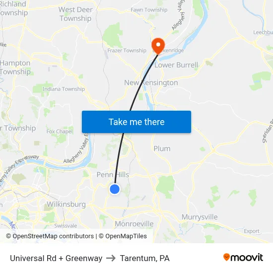 Universal Rd + Greenway to Tarentum, PA map