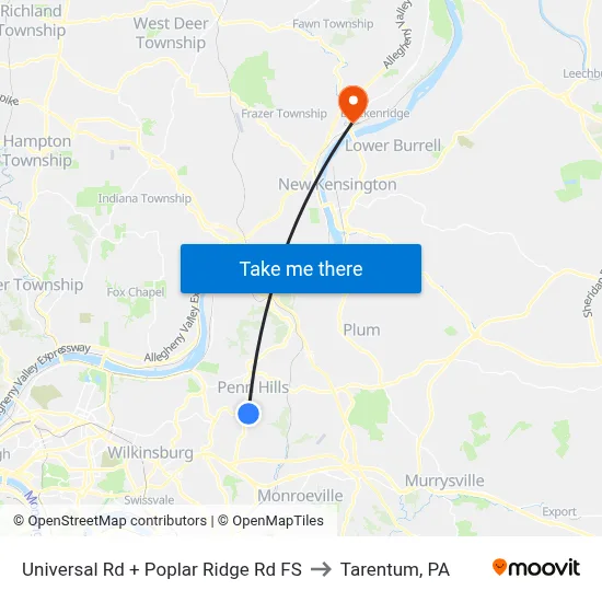 Universal Rd + Poplar Ridge Rd FS to Tarentum, PA map