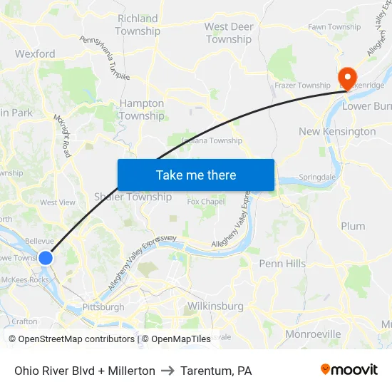 Ohio River Blvd + Millerton to Tarentum, PA map