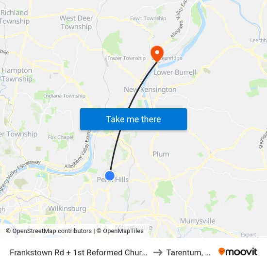 Frankstown Rd + 1st Reformed Church to Tarentum, PA map