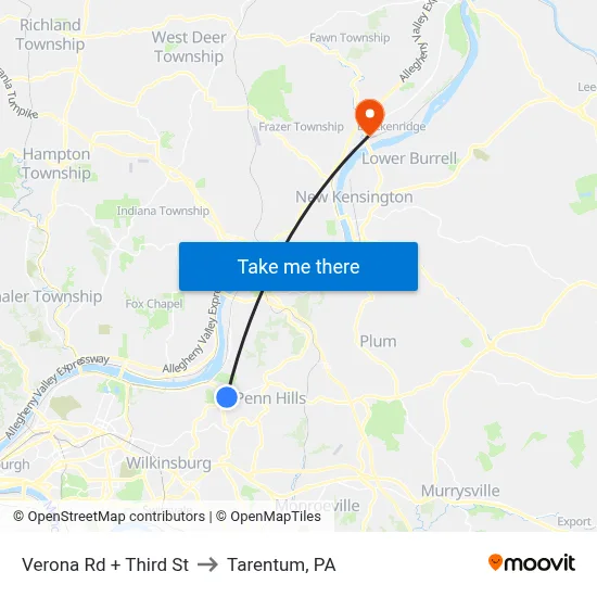 Verona Rd + Third St to Tarentum, PA map
