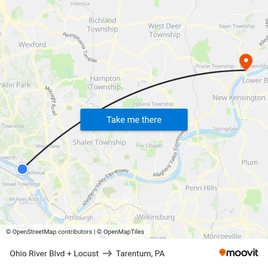 Ohio River Blvd + Locust to Tarentum, PA map