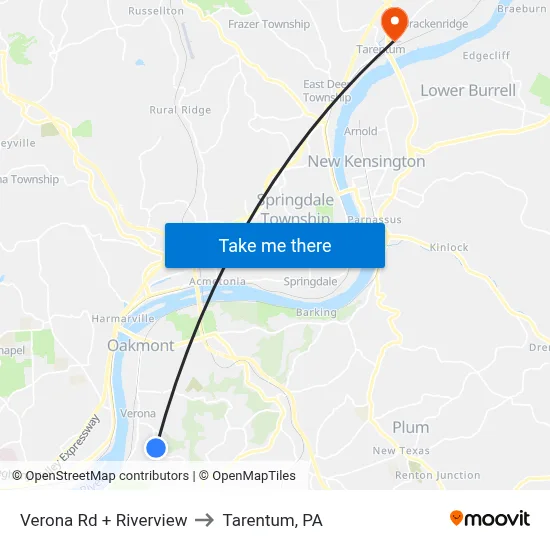 Verona Rd + Riverview to Tarentum, PA map