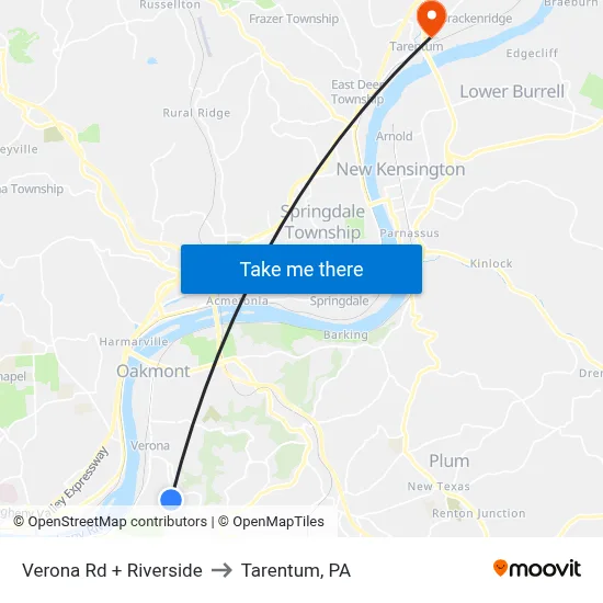 Verona Rd + Riverside to Tarentum, PA map