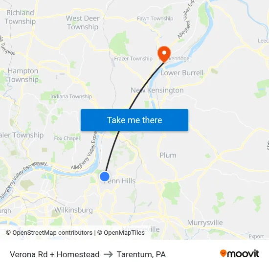 Verona Rd + Homestead to Tarentum, PA map