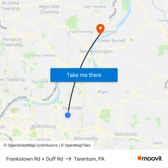 Frankstown Rd + Duff Rd to Tarentum, PA map