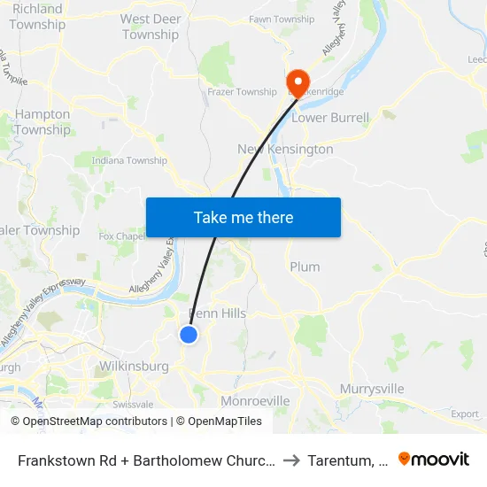 Frankstown Rd + Bartholomew Church Dr to Tarentum, PA map