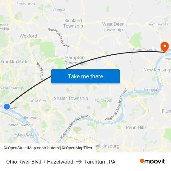 Ohio River Blvd + Hazelwood to Tarentum, PA map