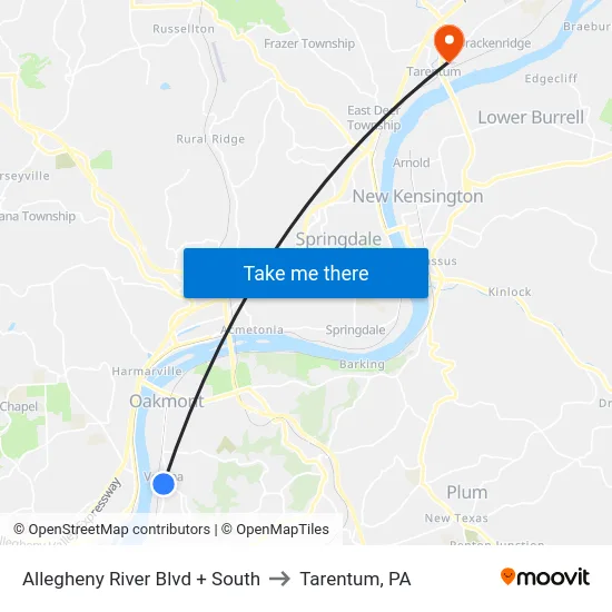 Allegheny River Blvd + South to Tarentum, PA map