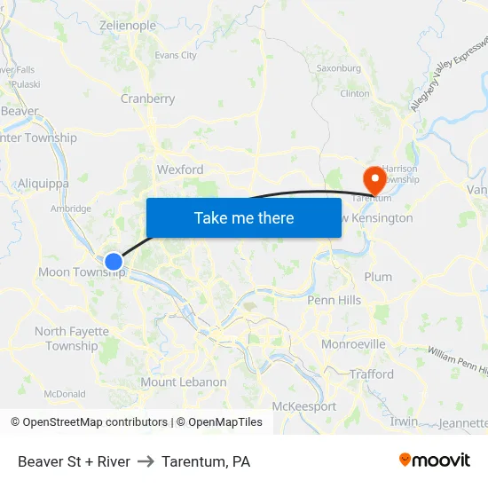 Beaver St + River to Tarentum, PA map