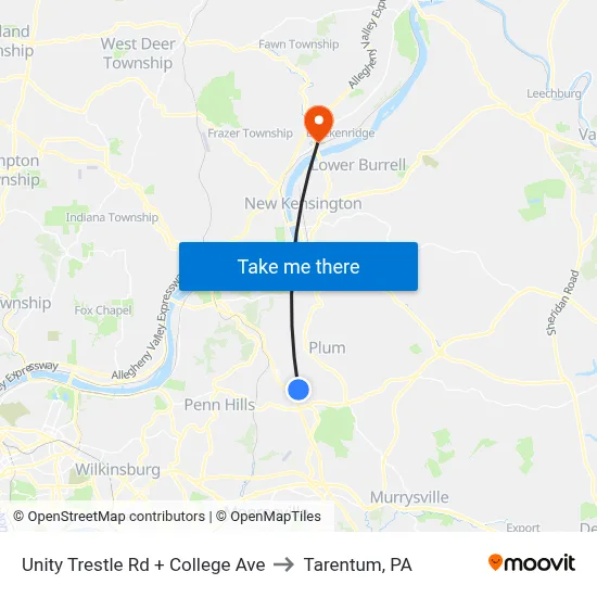 Unity Trestle Rd + College Ave to Tarentum, PA map