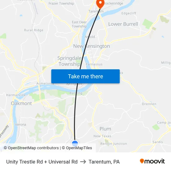 Unity Trestle Rd + Universal Rd to Tarentum, PA map