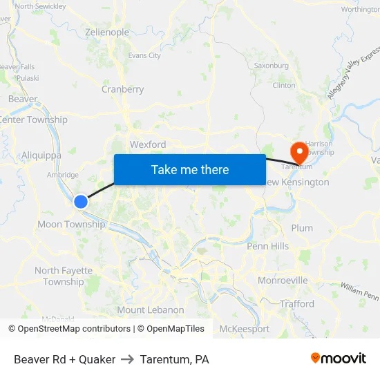 Beaver Rd + Quaker to Tarentum, PA map