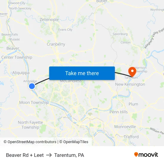 Beaver Rd + Leet to Tarentum, PA map