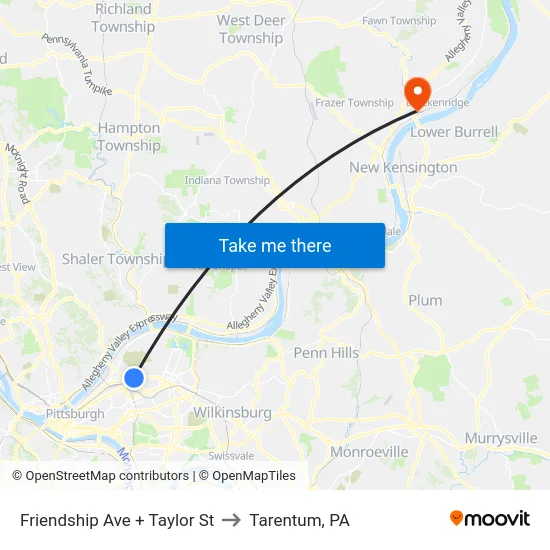 Friendship Ave + Taylor St to Tarentum, PA map
