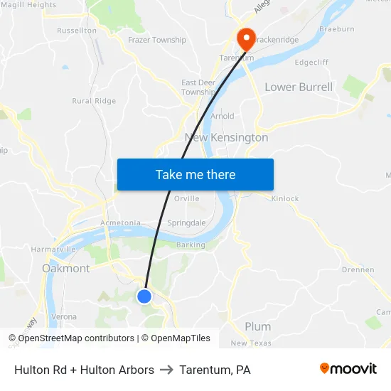 Hulton Rd + Hulton Arbors to Tarentum, PA map