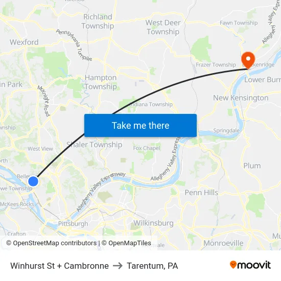 Winhurst St + Cambronne to Tarentum, PA map