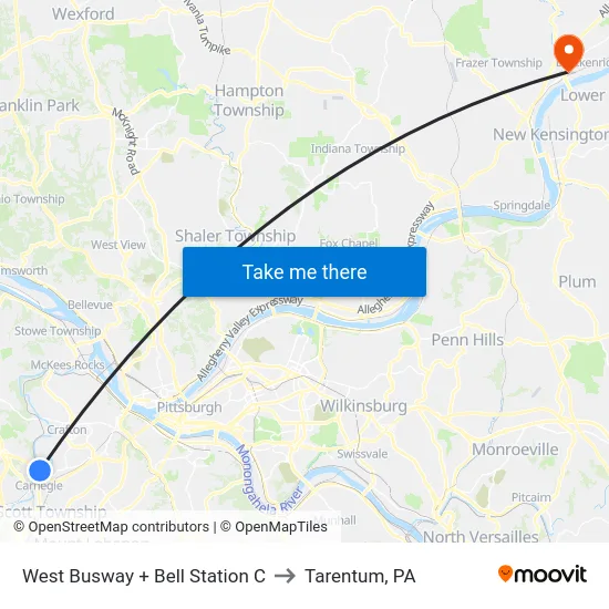 West Busway + Bell Station C to Tarentum, PA map
