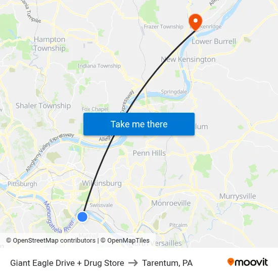 Giant Eagle Drive + Drug Store to Tarentum, PA map