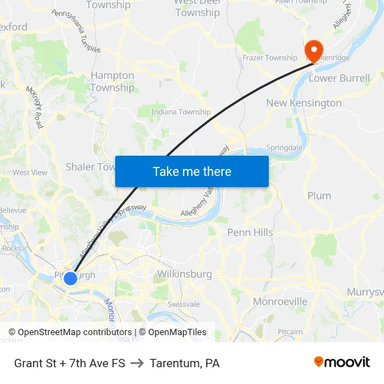 Grant St + 7th Ave FS to Tarentum, PA map