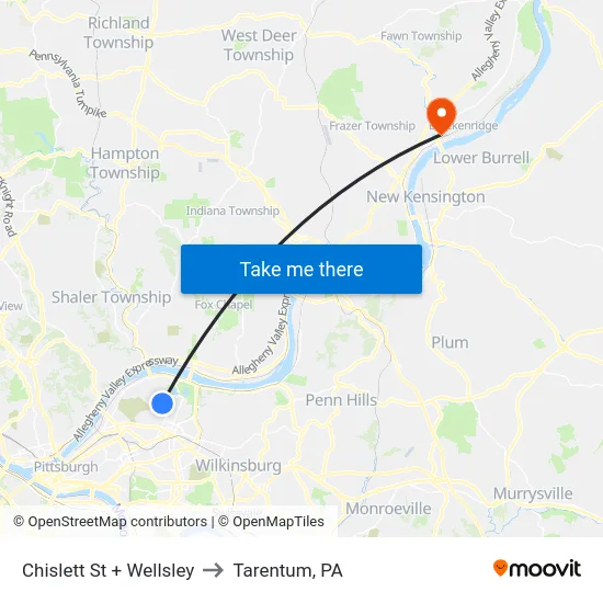 Chislett St + Wellsley to Tarentum, PA map
