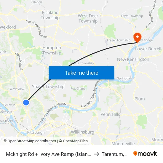 Mcknight Rd + Ivory Ave Ramp (Island) to Tarentum, PA map