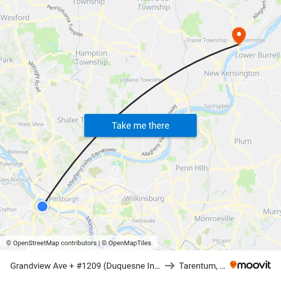 Grandview Ave + #1209 (Duquesne Incline) to Tarentum, PA map