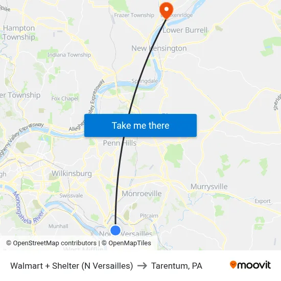 Walmart + Shelter (N Versailles) to Tarentum, PA map