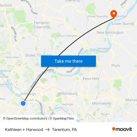 Kathleen + Harwood to Tarentum, PA map