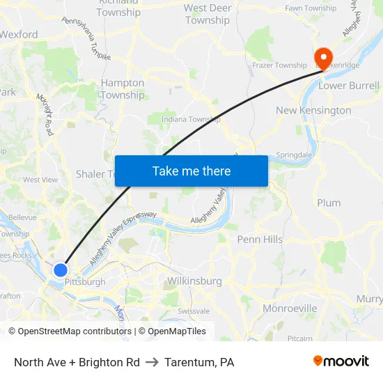 North Ave + Brighton Rd to Tarentum, PA map