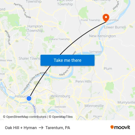 Oak Hill + Hyman to Tarentum, PA map