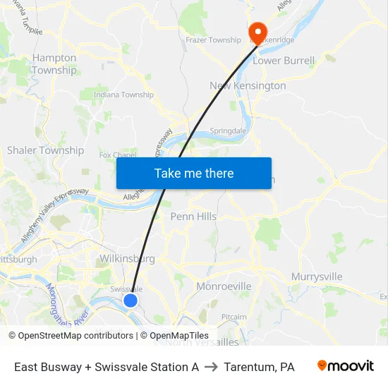 East Busway + Swissvale Station A to Tarentum, PA map