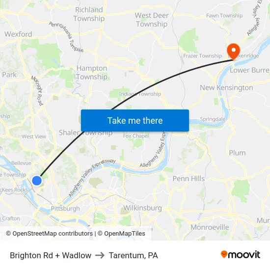 Brighton Rd + Wadlow to Tarentum, PA map