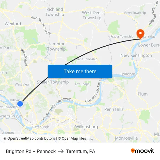 Brighton Rd + Pennock to Tarentum, PA map