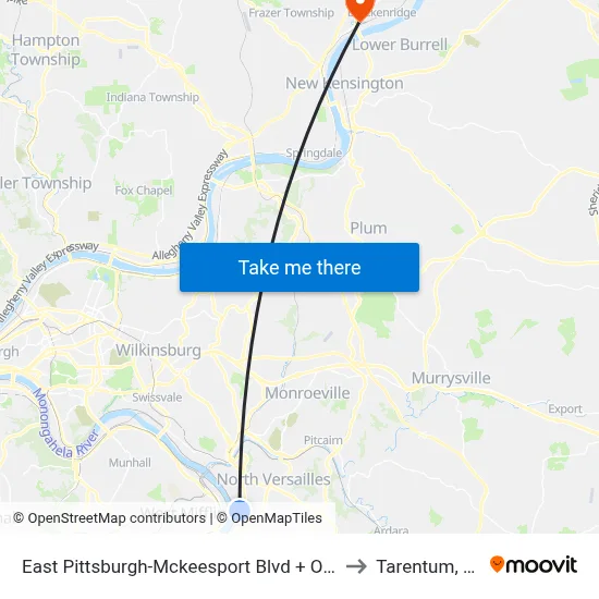 East Pittsburgh-Mckeesport Blvd + Orris to Tarentum, PA map