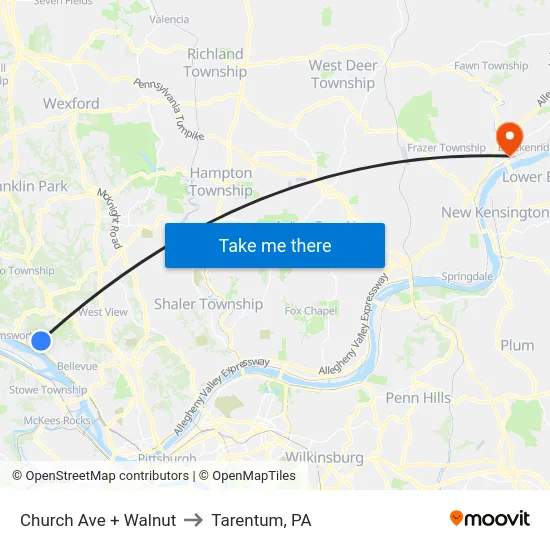 Church Ave + Walnut to Tarentum, PA map