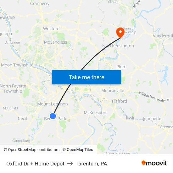 Oxford Dr + Home Depot to Tarentum, PA map
