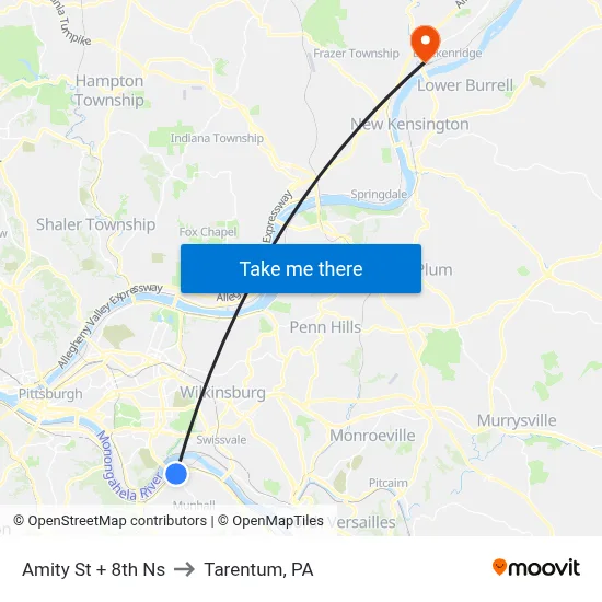 Amity St + 8th Ns to Tarentum, PA map