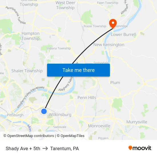 Shady Ave + 5th to Tarentum, PA map