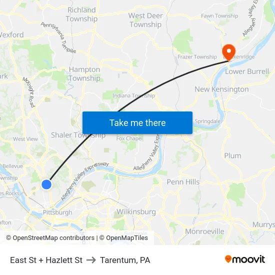 East St + Hazlett St to Tarentum, PA map