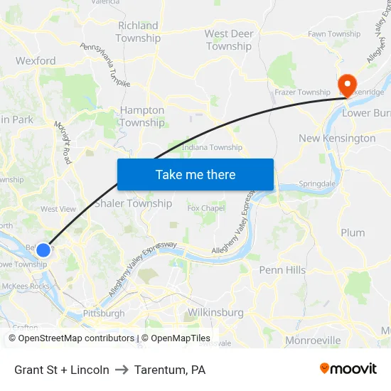 Grant St + Lincoln to Tarentum, PA map