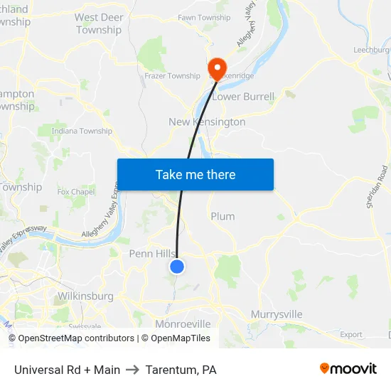 Universal Rd + Main to Tarentum, PA map