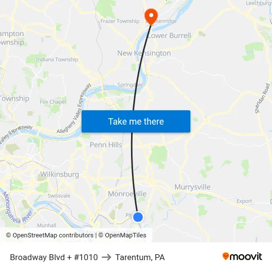 Broadway Blvd + #1010 to Tarentum, PA map