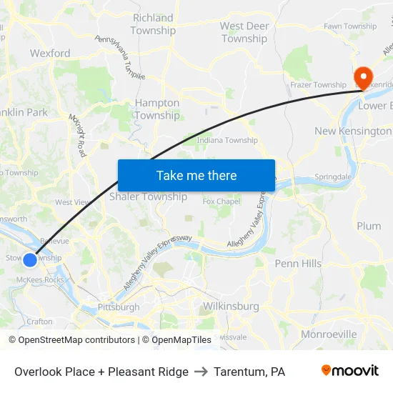 Overlook Place + Pleasant Ridge to Tarentum, PA map