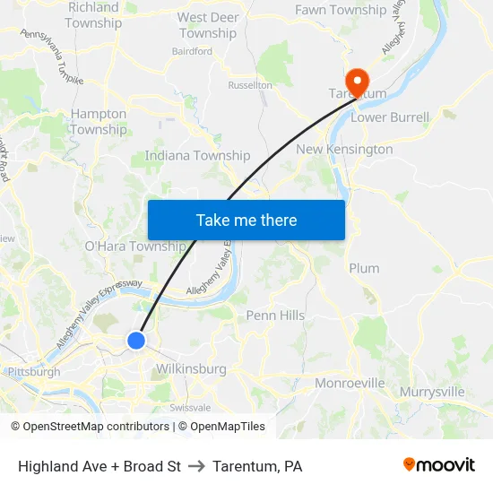 Highland Ave + Broad St to Tarentum, PA map